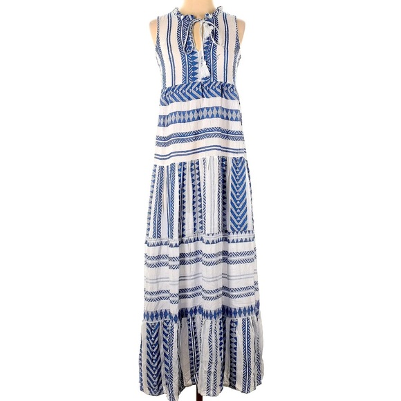 Goa Beachwear By Japna Blue White Print Tiered  Maxi Dress Sz M - Picture 2 of 13